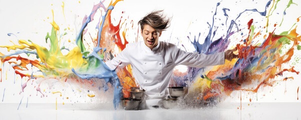 Splashing food in the air with chef - obrazy, fototapety, plakaty