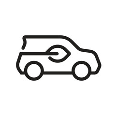 Simple black and white line icon of car with leaf 