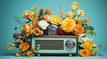 Retro radio with flowers around holiday card adverting