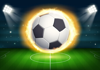 Naklejka premium Soccer ball burns with flames in the stadium. Stock vector illustration.