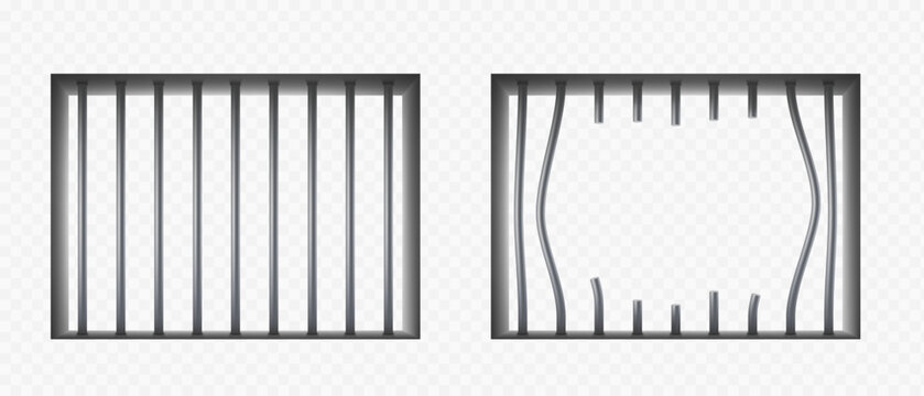 Broken metal prison cell bars. Template isolated on a transparent background. Stock vector mockups.
