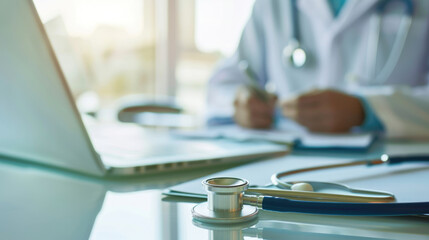 Close-up of a stethoscope on a wooden desk with a blurred background featuring a doctor writing on...