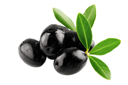 black olives with leaves isolate transparent background