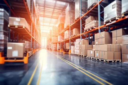 Retail warehouse full of shelves with goods in cardboards and cartons, with pallets and forklifts. Warehouse full of Shelves with boxes for Delivery. Banner Background.