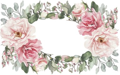 Romantic pink rose wreath illustration, ideal for wedding stationery, greeting cards, and elegant branding