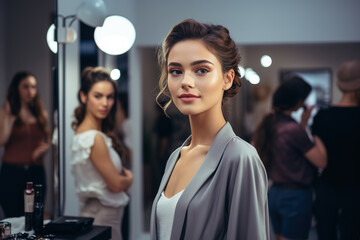 Beautiful stylish young woman in dressing room.