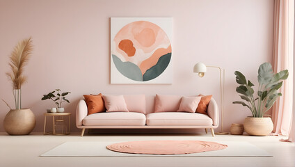 modern living room with pink soft sofa, background pink, banner on the wall with boho design style