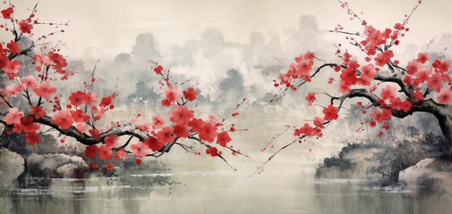 a painting of a tree with red flowers in the foreground and a river in the background with rocks and water, generative ai