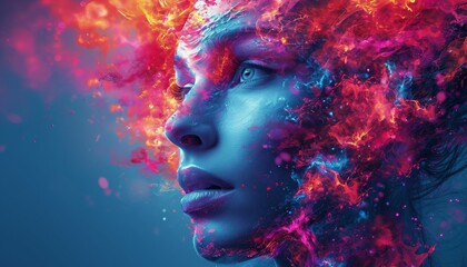 Naklejka premium Virtual Versatility, Showcase the versatility of digital expression with an abstract face that seamlessly integrates various digital elements, AI 