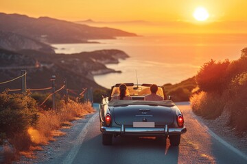 friends in convertible on a road trip in mountains and sea view on the sunset - obrazy, fototapety, plakaty
