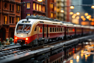 Train in the city at night. Shallow depth of field.