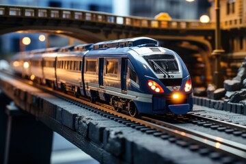 Fototapeta premium Train on the railway in the city at night. Transportation concept.