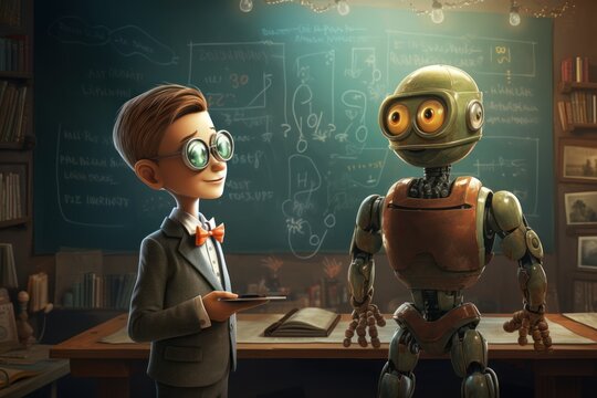 Little boy and robot in classroom. Education concept. 3D Rendering