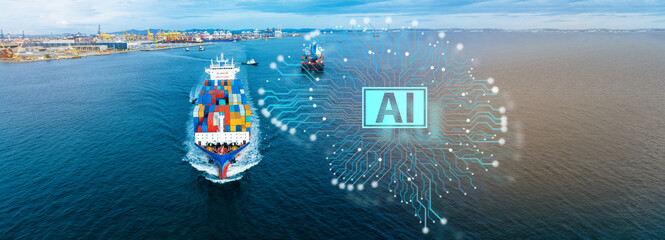 Digital AI Brain of container cargo ship carrying container and running for export  goods  from ...