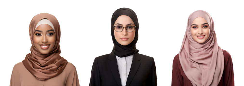 Set of delighted Muslim women, Islamic women in hijab smiling, Isolated on Transparent Background, PNG