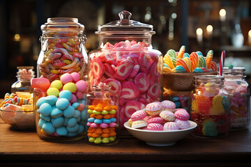 Candy buffet display with colorful candies and sweets in glass jars in confectionery.