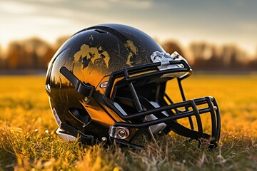 Fototapeta premium American football helmet on the field with blurred stadium background , AI Generated