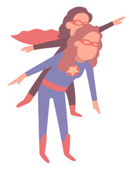 Mom is playing with her daughter. They are dressed in superhero costumes. The girl happily waves her hands. isolated illustration