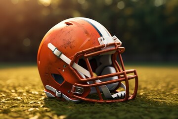 Fototapeta premium American football helmet on the field with blurred stadium background , American football helmet and ball on field at sunset American football concept, AI Generated