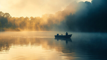 A family fishing trip on a serene lake at dawn with mist rising off the water and a small boat.
