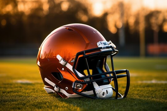 American football helmet on the field with blurred stadium background , American football helmet and ball on field at sunset American football concept, AI Generated