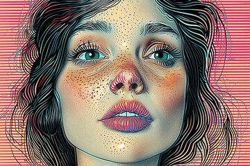 reds, pinks, and lime green intaglio engraved crosshatching, contour lines, stippling, extreme close up on a beautiful young woman