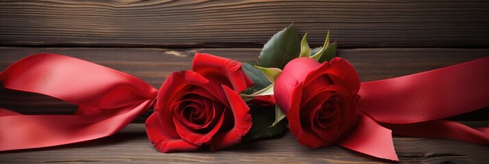 Rustic Elegance with Roses and Ribbon: Red Flowers on White Wood - Valentine's Day Concept