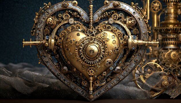 Steampunk bronze  mechanical heart with dark background
