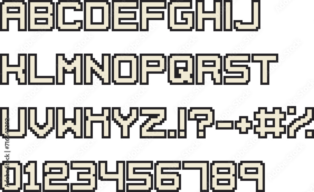 Fototapete Pixel font. Video arcade computer game design 8 bit letters and numbers. 90s retro style vector alphabet.
