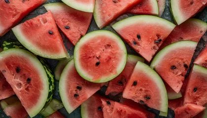Foto op Plexiglas Delicious sweet cut slices of watermelon top view. Delicious fruit, nature organic food. © happyjack29