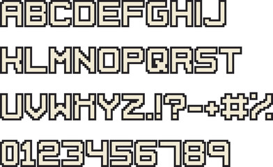 Pixel font. Video arcade computer game design 8 bit letters and numbers. 90s retro style vector alphabet.
