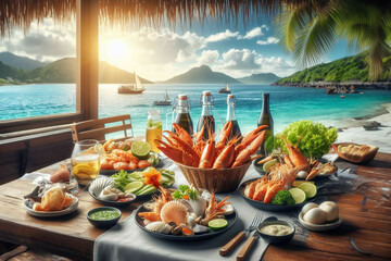 Seafood dinner set on wooden table with sea view background.