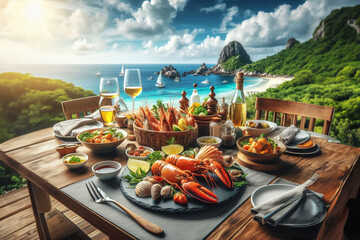 Seafood on wooden table with beautiful view of the sea.
