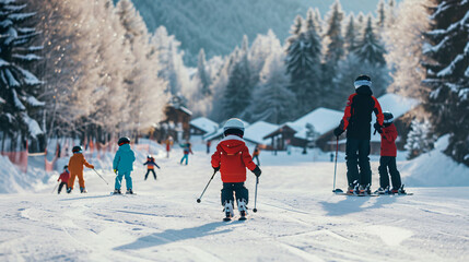 A family ski trip in a snowy mountain resort with kids learning to ski and parents cheering them on.