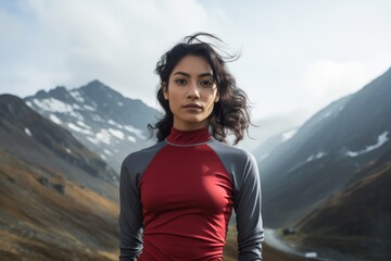 Naklejka premium Portrait of a merry woman in her 20s sporting a breathable mesh jersey against a snowy mountain range. AI Generation