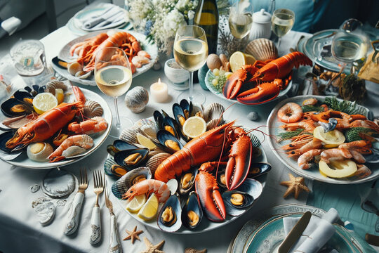 Lobster, mussels, shrimps and other seafood on the festive table