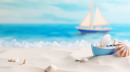 Fototapeta na wymiar Toy boat and sea shells on white sea sand. Vacation