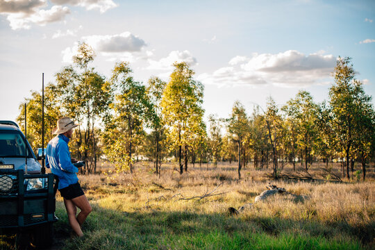 Drone Pilot with remote control in a tree paddock