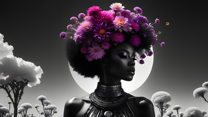 A stylish woman with a captivating afro hairstyle, adorned in a vibrant red costume and intricate makeup, embodies the essence of fantasy and glamour at a dark carnival