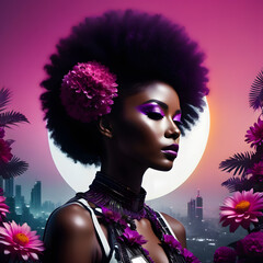 A stylish woman with a captivating afro hairstyle, adorned in a vibrant red costume and intricate makeup, embodies the essence of fantasy and glamour at a dark carnival
