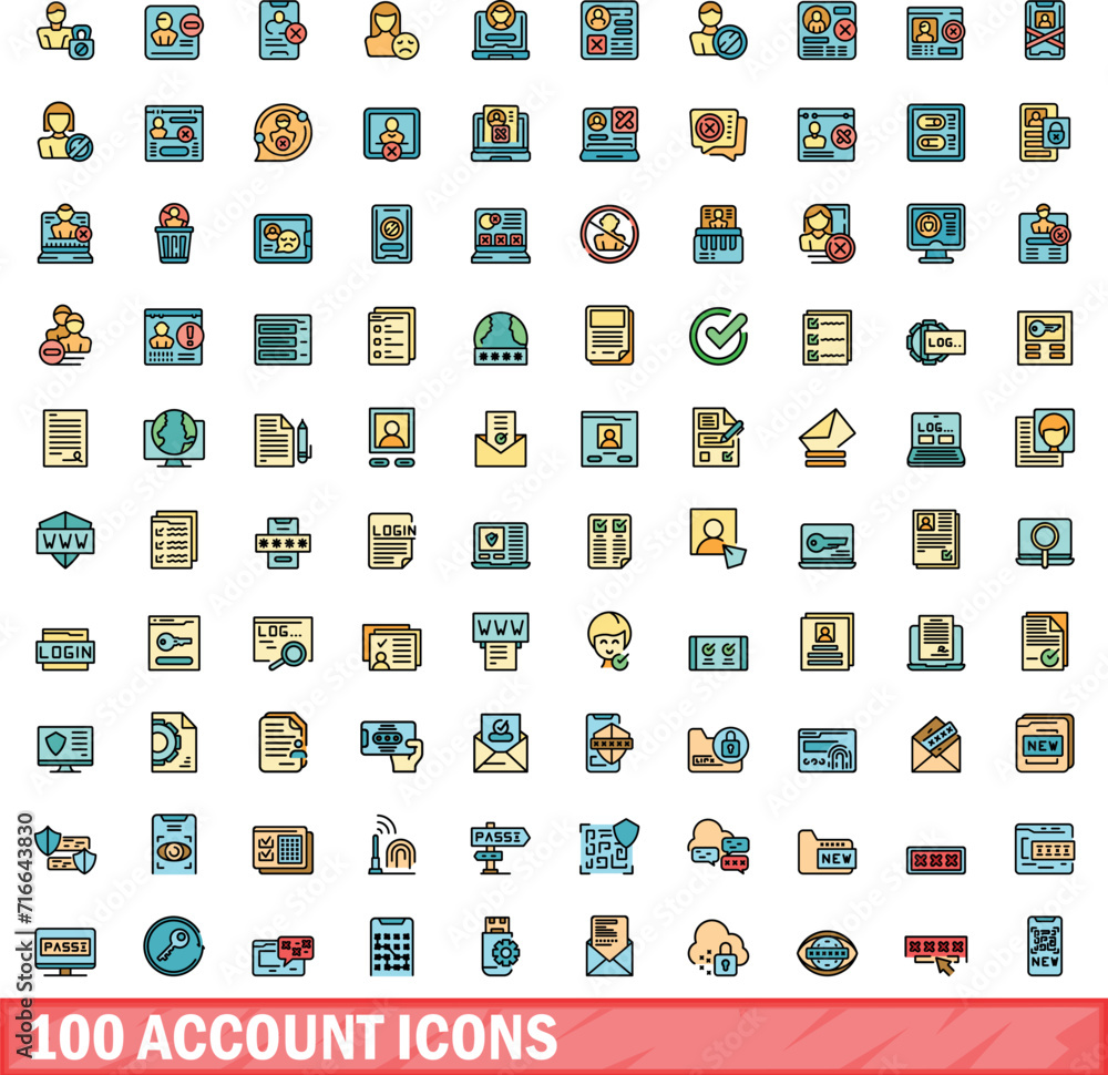 Sticker 100 account icons set. color line set of account vector icons thin line color flat on white - Stickers