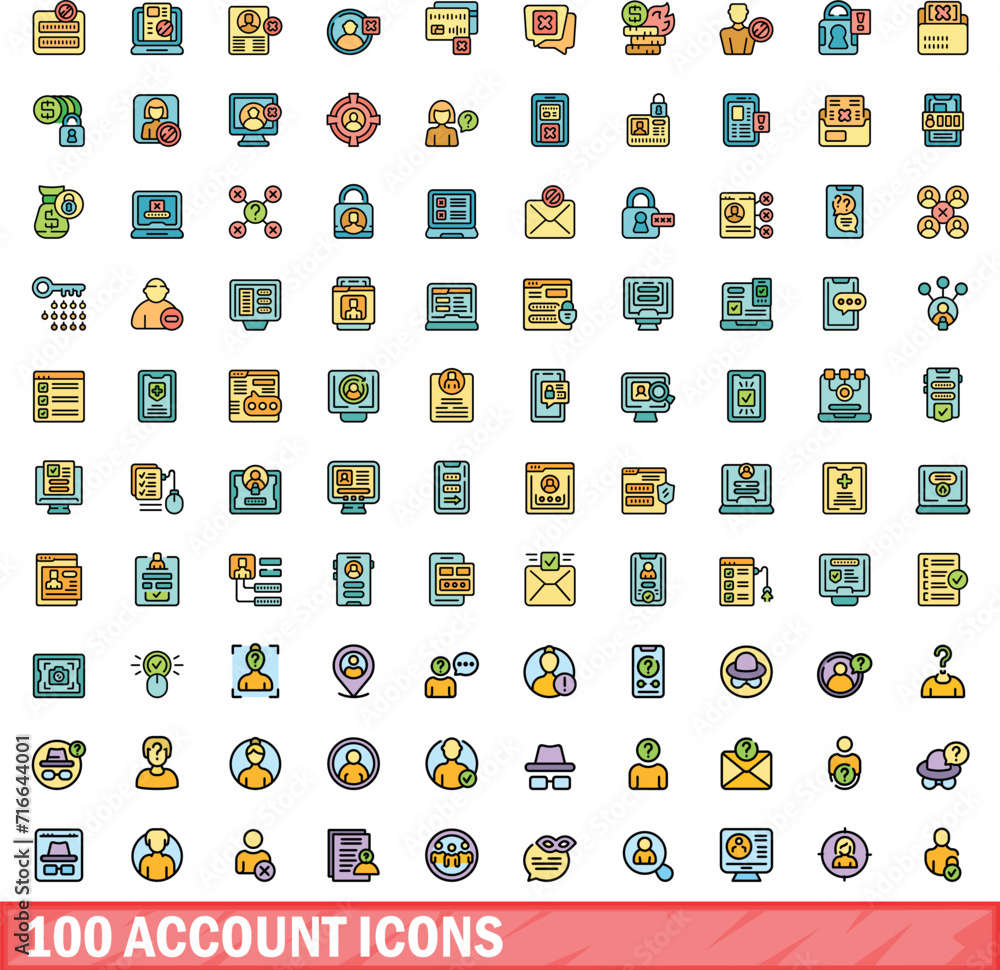 Poster 100 account icons set. color line set of account vector icons thin line color flat on white
