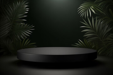 Obraz premium Black podium with tropical leaves on dark background.