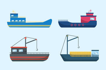 Traditional sea ship, maritime transport collection. Sea motor ship, ocean sailboat, yacht and catamaran, isolated marine transport. Delivery cruise boat and sailboat. Vector illustration