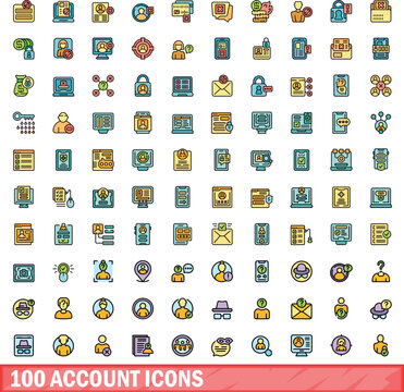 100 account icons set. Color line set of account vector icons thin line color flat on white