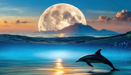 background of amazing crescent full moon over the sea and dolphins under the sea