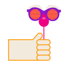 hand holding funny prop. Quirky, funny and Groucho nose glasses. Carnival, Purim, festival glasses and nose with mustache. SVG icon