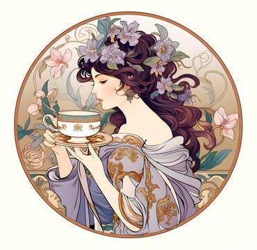 Circular portrait of a young woman with long hair with a cup of tea in her hand, floral motif with ring. Nouveau style.