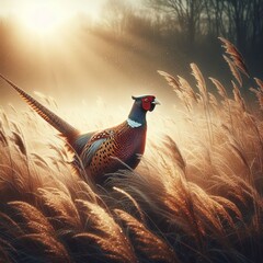 waking up a pheasant on a cold morning - obrazy, fototapety, plakaty