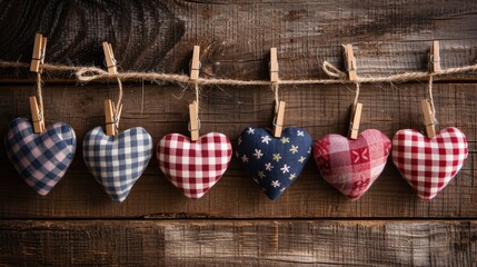 Handmade Hearts on Twine: Fabric Hearts Against Dark Wood for Valentine's Day - Valentine's Day Concept